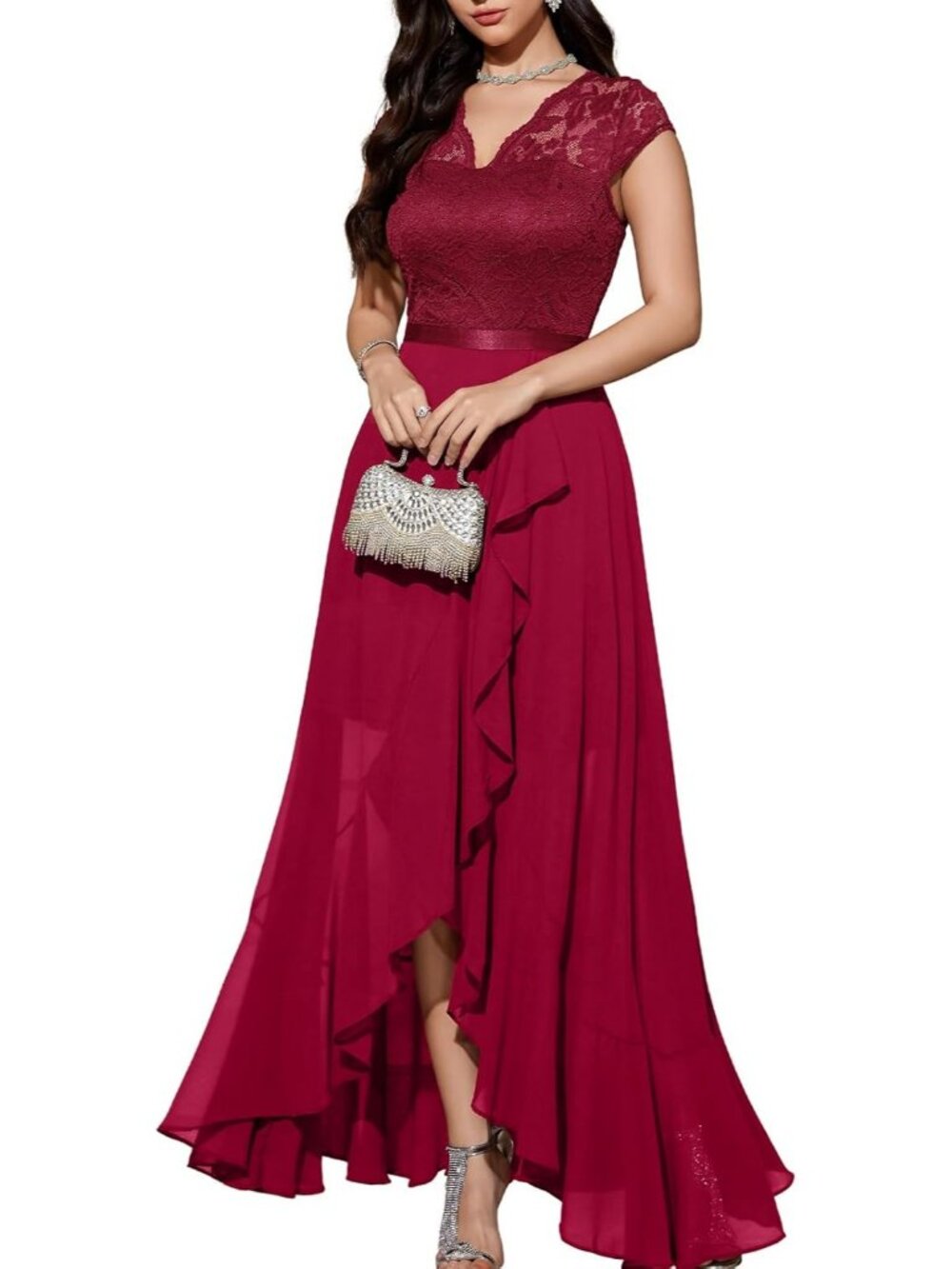Women's Dark Red V-Neck Wedding Floral Lace Cocktail Party Bridesmaid Dress